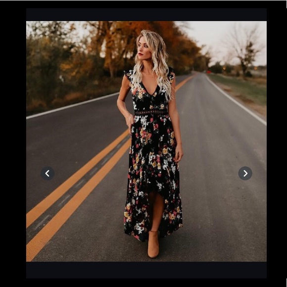 Long Floral Maxi High/Low Dress w. Beautiful Lace - Picture 1 of 9